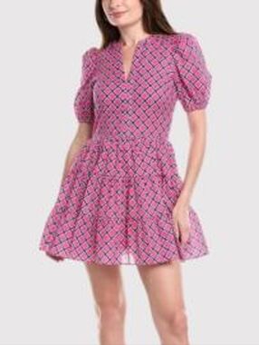 English Factory Pink Geo-Print Puff-Sleeve Tiered Mini Dress